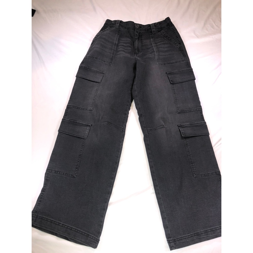 Madden NYC Womens Black Cargo Jeans Wide Leg High Rise Stretch Size M